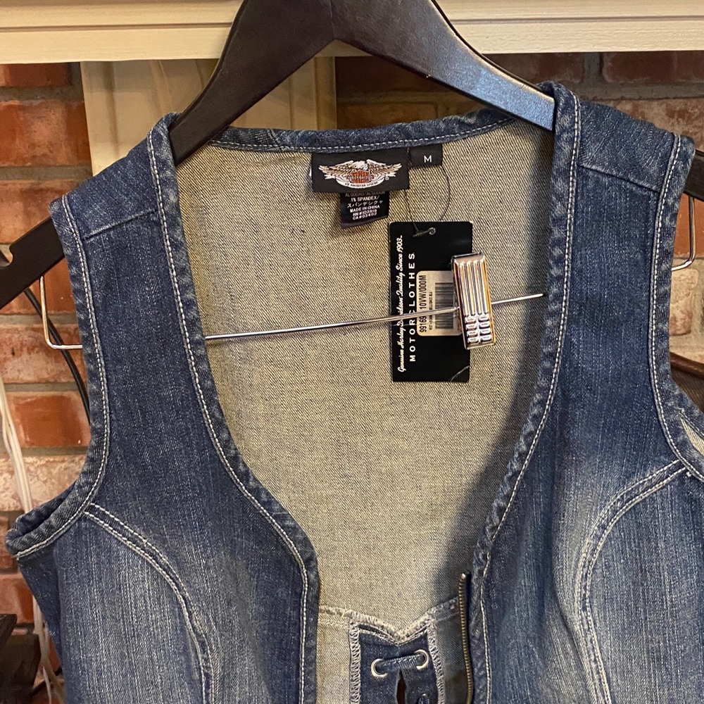 Harley Davidson Women’s Lace Up Denim Vest Bedazzled Gem - Picture 2 of 7